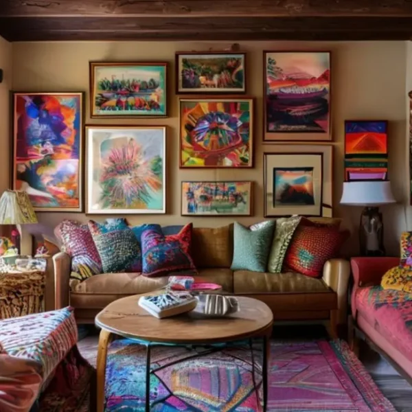 Uma sala de estar ornamentada com quadros coloridos e estilosos nas paredes.