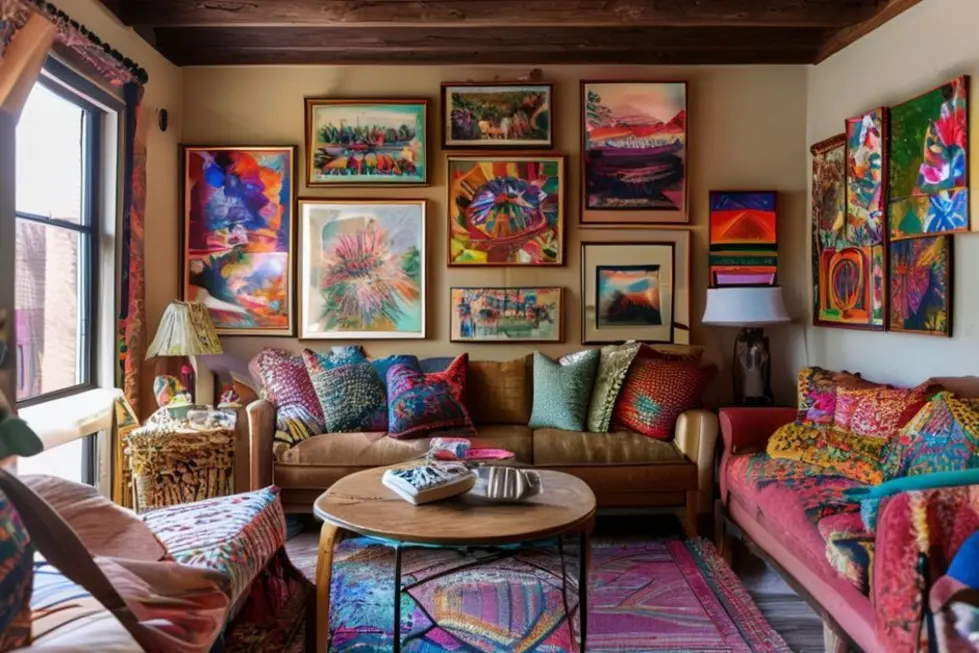 Uma sala de estar ornamentada com quadros coloridos e estilosos nas paredes.