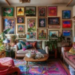 Sala de estar decorada com quadros e posters vibrantes.