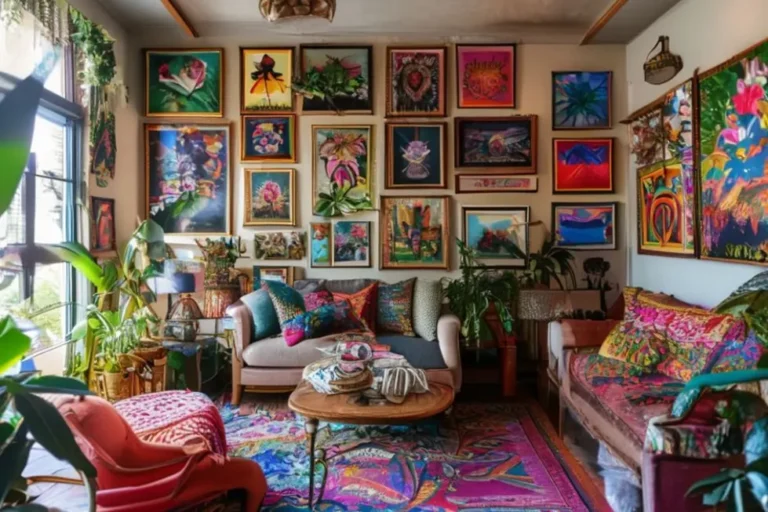 Sala de estar decorada com quadros e posters vibrantes.