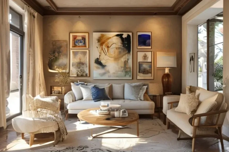 Interior de casa decorado com uma seleção de quadros artísticos.