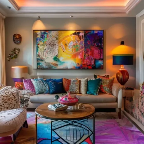 Interior de uma casa estilizada, mostrando um ambiente elegante e acolhedor.