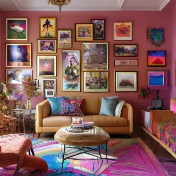 Uma sala bem decorada com quadros e posters, irradiando charme e estilo.