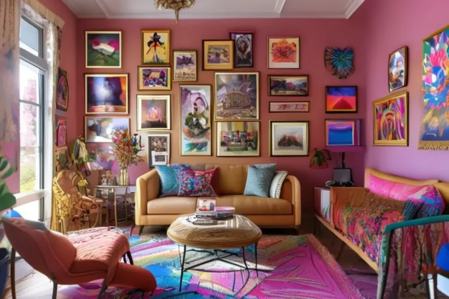 Uma sala bem decorada com quadros e posters, irradiando charme e estilo.