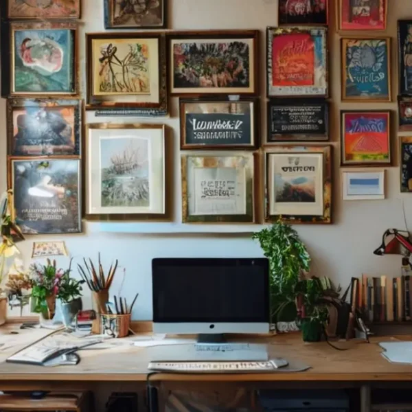 Espaço de trabalho com quadros decorativos que inspiram criatividade.