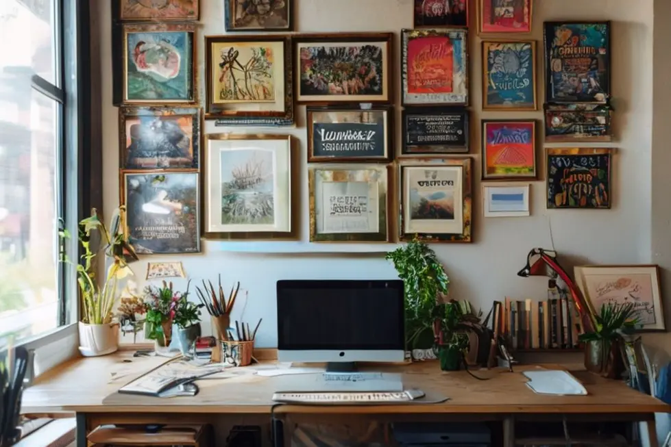 Espaço de trabalho com quadros decorativos que inspiram criatividade.