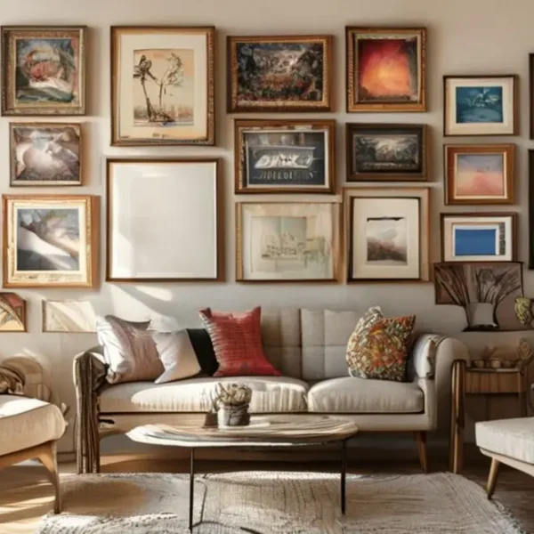 Interior bonito com quadros e posters elegantes.