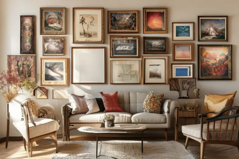 Interior bonito com quadros e posters elegantes.