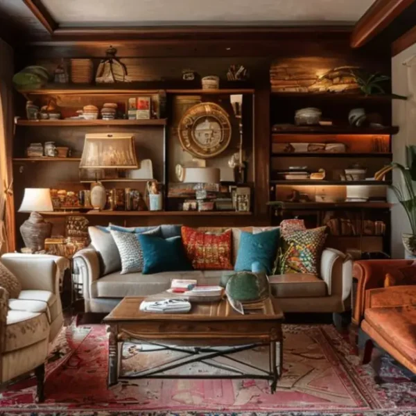 Sala de estar decorada com elementos modernos e vintage.