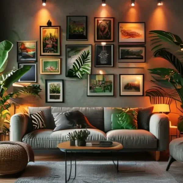 Sala de estar estilosa com variado adornos de arte, plantas verdes e iluminação aconchegante.