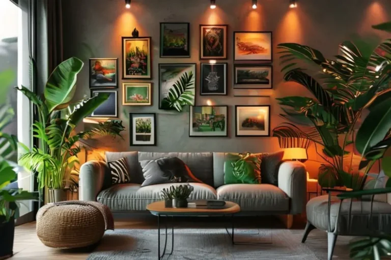 Sala de estar estilosa com variado adornos de arte, plantas verdes e iluminação aconchegante.