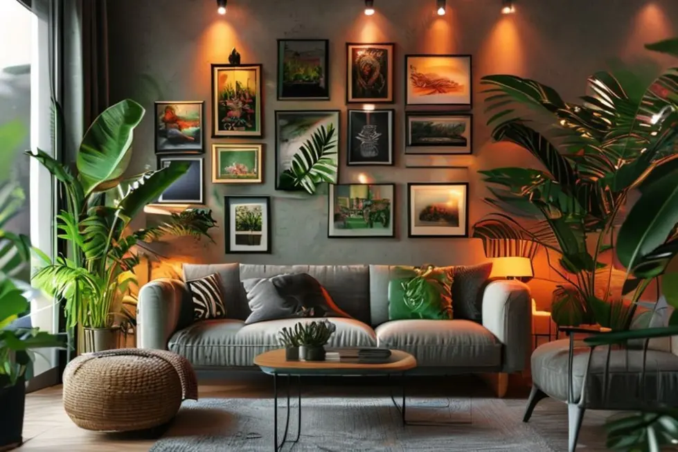 Sala de estar estilosa com variado adornos de arte, plantas verdes e iluminação aconchegante.