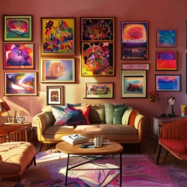 Quarto vibrante decorado com quadros e posters artísticos.