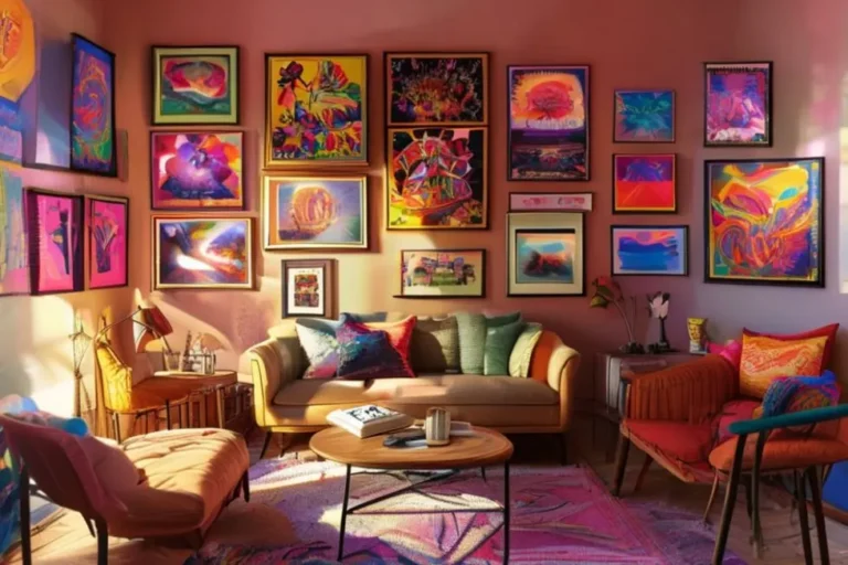 Quarto vibrante decorado com quadros e posters artísticos.