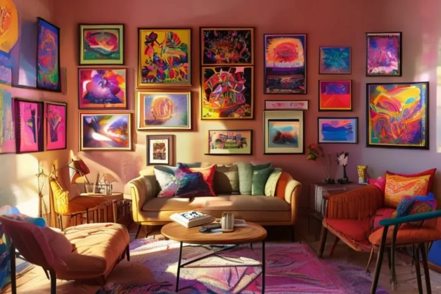 Quarto vibrante decorado com quadros e posters artísticos.