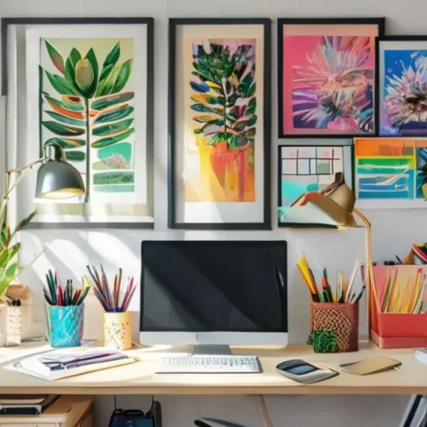 Espaço de trabalho organizado com impressões artísticas que inspiram criatividade.