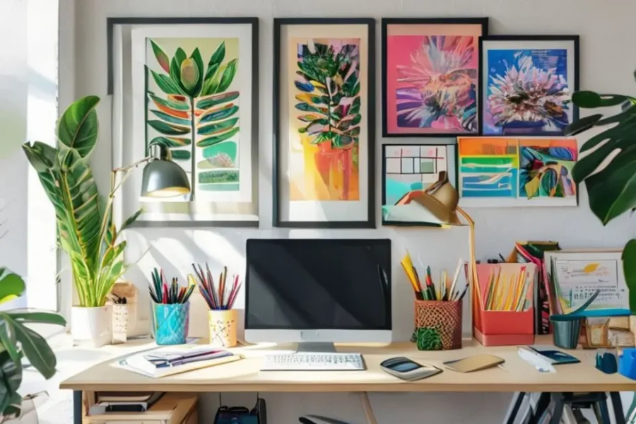 Espaço de trabalho organizado com impressões artísticas que inspiram criatividade.