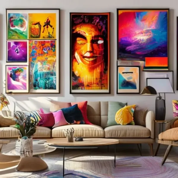 Uma coleção de obras de arte e posters em exibição em um ambiente estiloso e acolhedor.