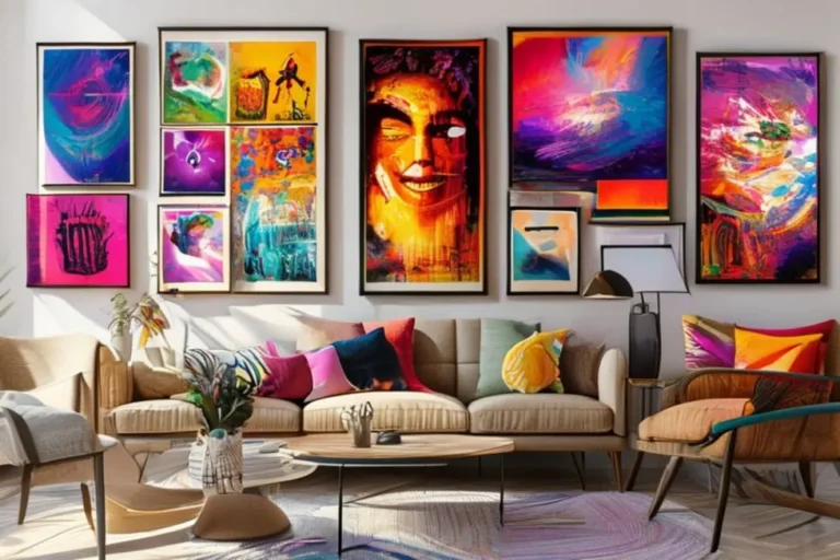 Uma coleção de obras de arte e posters em exibição em um ambiente estiloso e acolhedor.