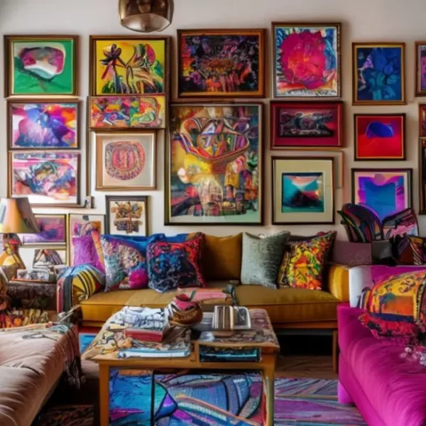 Sala de estar vibrante e artística repleta de quadros diversificados.