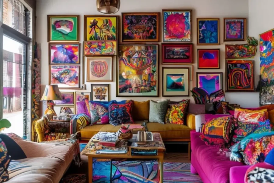 Sala de estar vibrante e artística repleta de quadros diversificados.