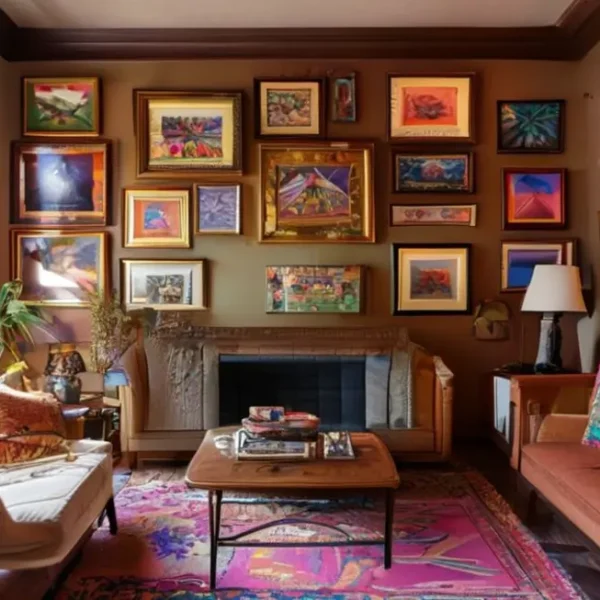 Interior de casa decorado com quadros vibrantes.