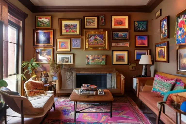 Interior de casa decorado com quadros vibrantes.
