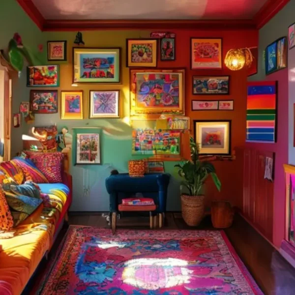 Casa vibrante decorada com quadros e posters diversos.