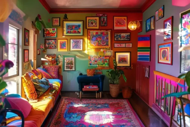 Casa vibrante decorada com quadros e posters diversos.