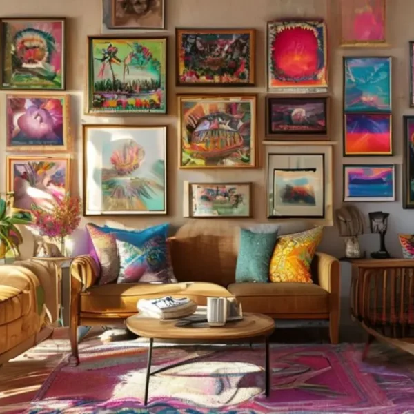 Interior de casa vibrante com uma variedade de quadros e posters decorativos