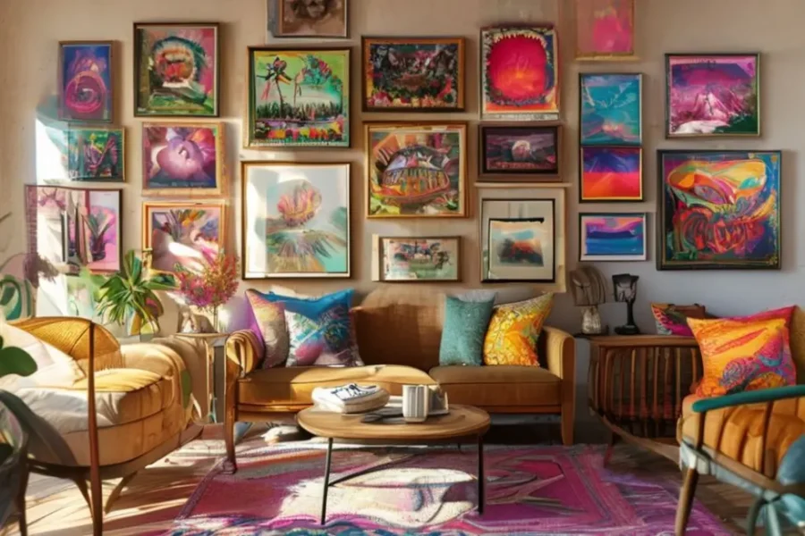 Interior de casa vibrante com uma variedade de quadros e posters decorativos