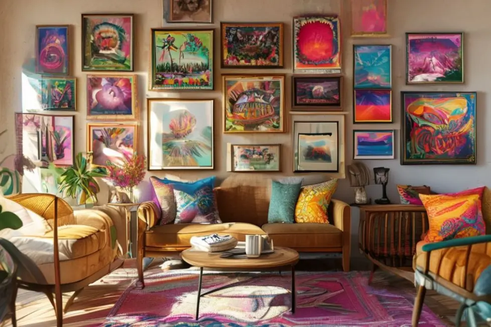 Interior de casa vibrante com uma variedade de quadros e posters decorativos