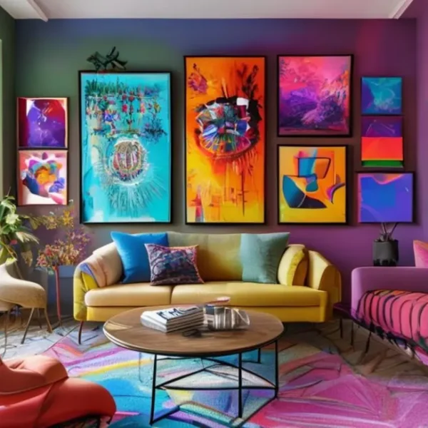 Interior de casa vibrante com quadros coloridos nas paredes.