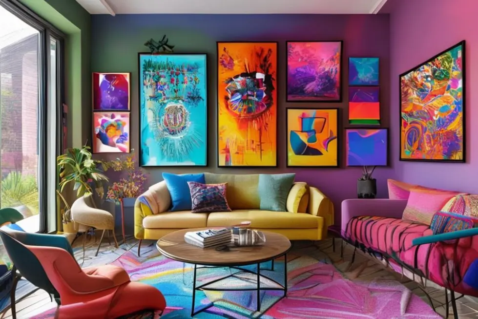 Interior de casa vibrante com quadros coloridos nas paredes.