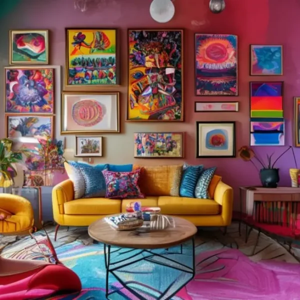 Uma sala com mistura de quadros e posters que refletem um ambiente acolhedor.