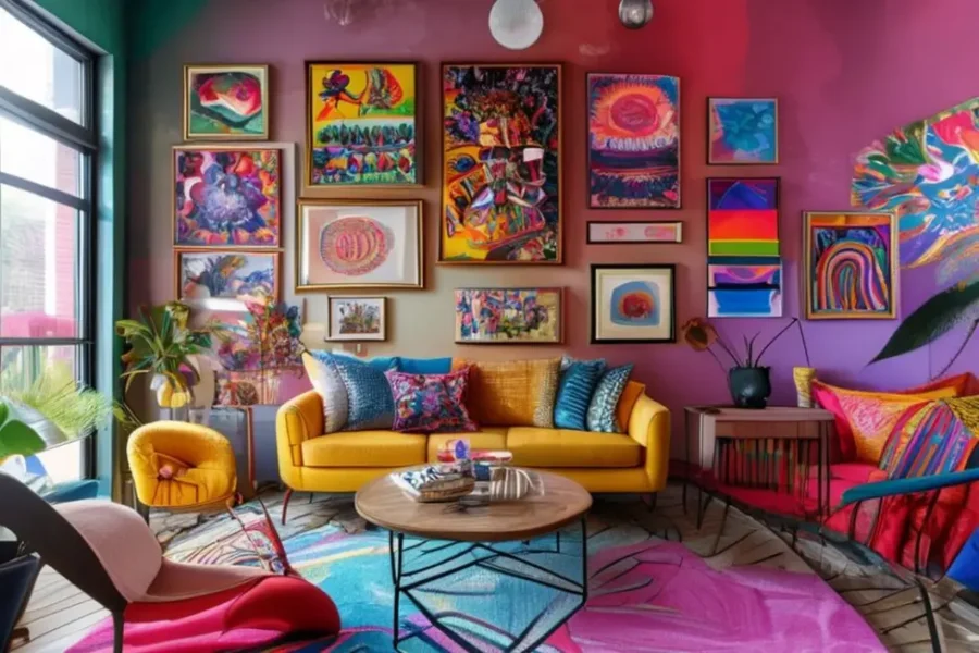 Uma sala com mistura de quadros e posters que refletem um ambiente acolhedor.