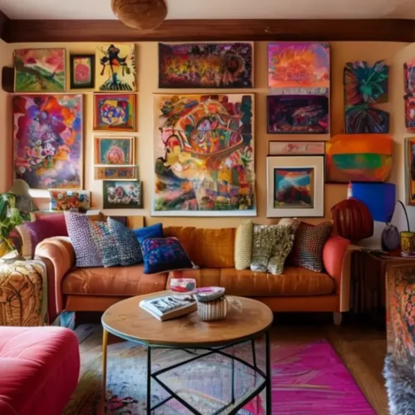 Sala de estar vibrante decorada com arte
