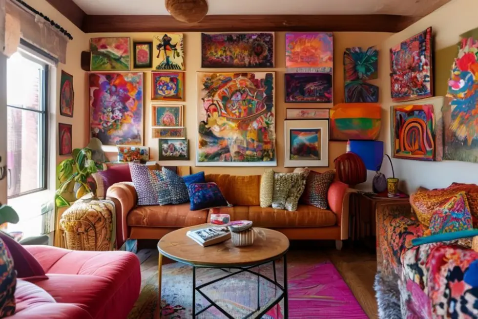 Sala de estar vibrante decorada com arte