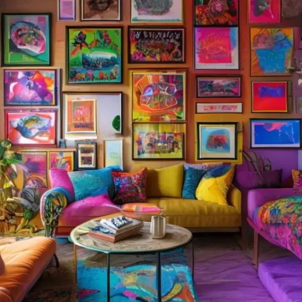 Espaço de vida vibrante com quadros e posters coloridos.