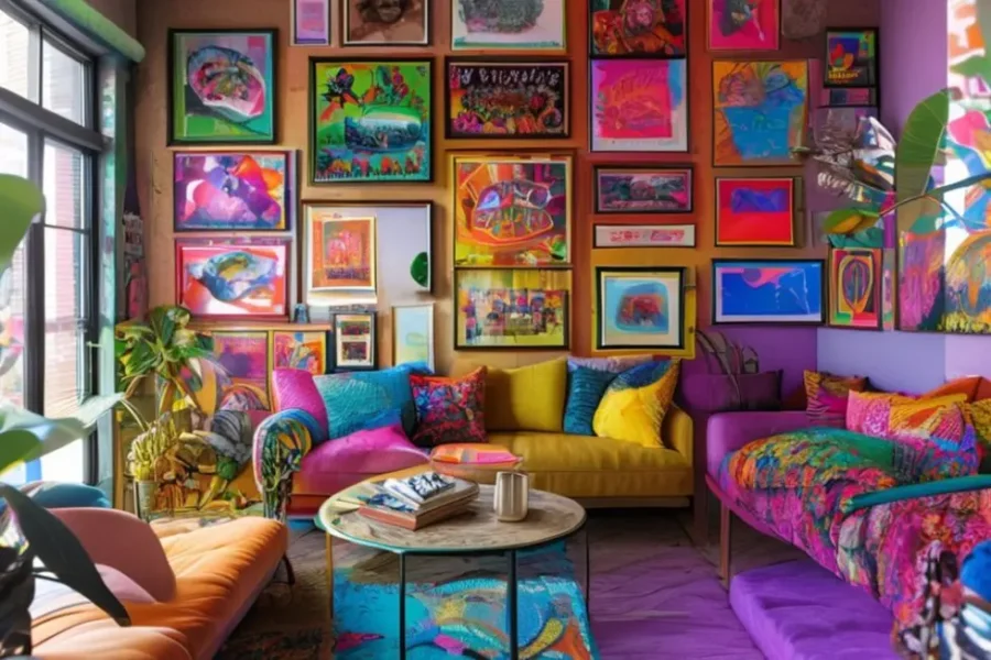 Espaço de vida vibrante com quadros e posters coloridos.