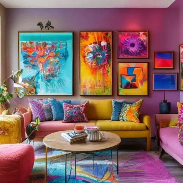 Espaço de vida decorado com quadros coloridos e vibrantes.