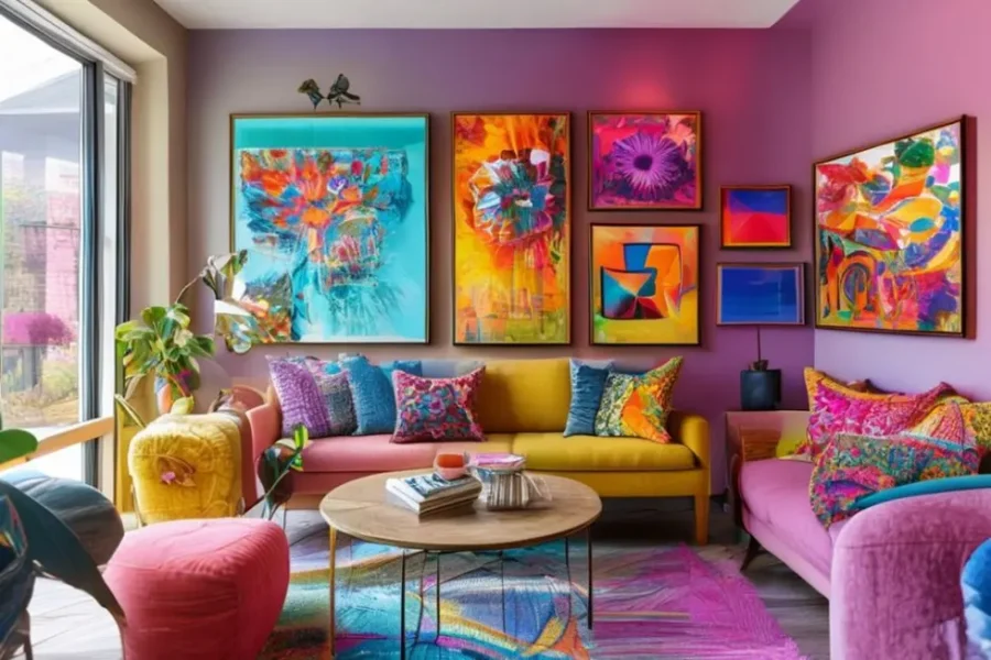 Espaço de vida decorado com quadros coloridos e vibrantes.