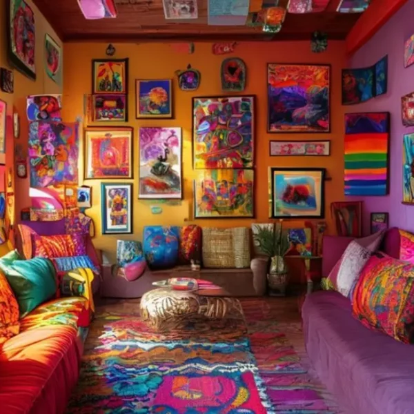Um ambiente vibrante e acolhedor repleto de obras de arte coloridas nas paredes.