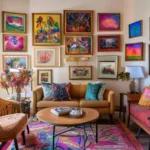 Sala vibrante e convidativa com decoração de quadros.
