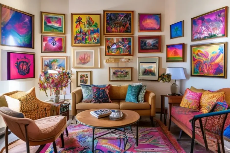 Sala vibrante e convidativa com decoração de quadros.