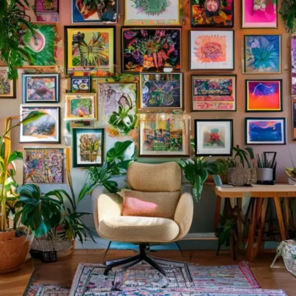 Espaço de trabalho vibrante com parede decorada com quadros e posters.