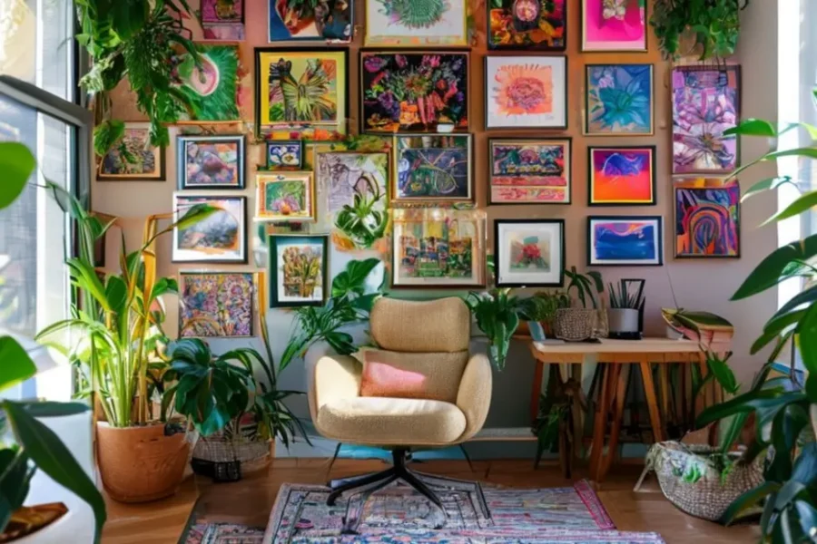 Espaço de trabalho vibrante com parede decorada com quadros e posters.