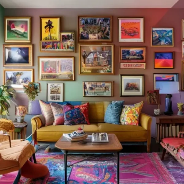 Casa com interior vibrante, decorada com quadros e posters que expressive uma decoração harmoniosa.