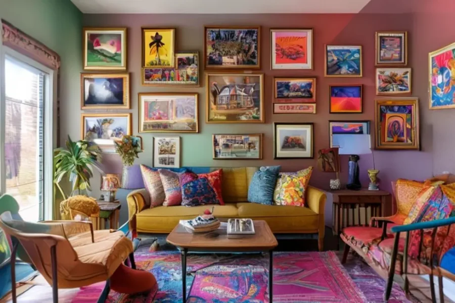 Casa com interior vibrante, decorada com quadros e posters que expressive uma decoração harmoniosa.
