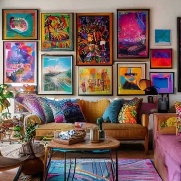 Espaço de vida vibrante com uma seleção de quadros e posters.